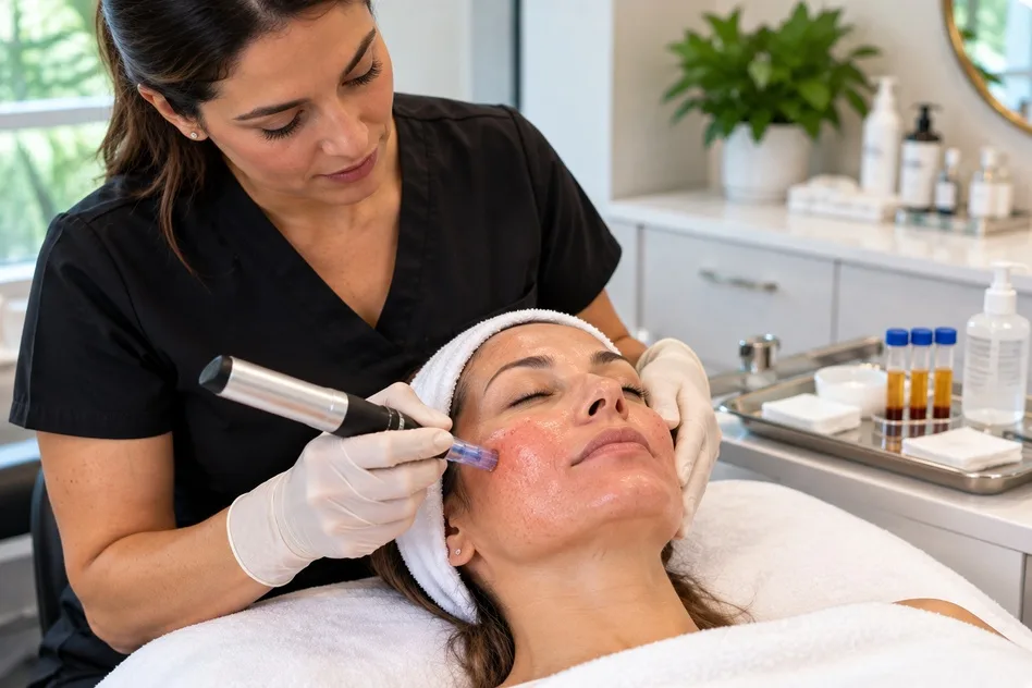 Esthetician performing microneedling with PRP to rejuvenate dull, sun-damaged skin.