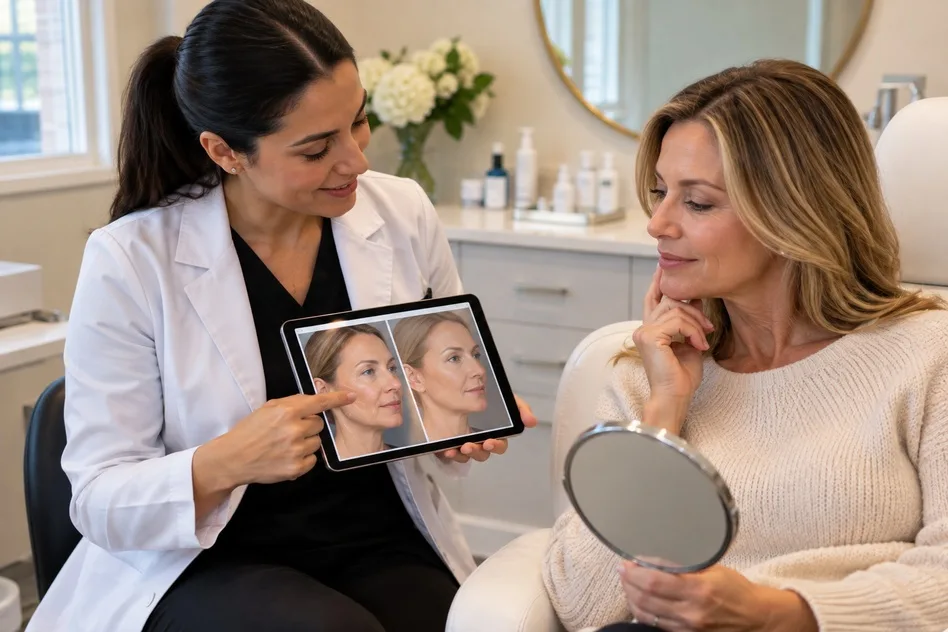 Patient discussing Sculptra and traditional filler options for gradual facial volume with an aesthetic provider.